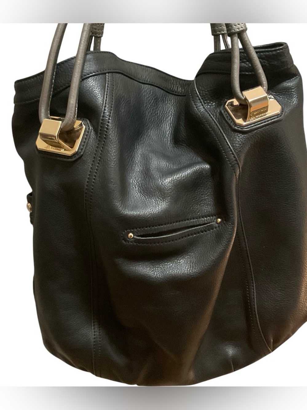 B Makowsky Pebbled Leather Magnetic Close Purse Handbag Black/Gray Double Handle - Picture 2 of 12